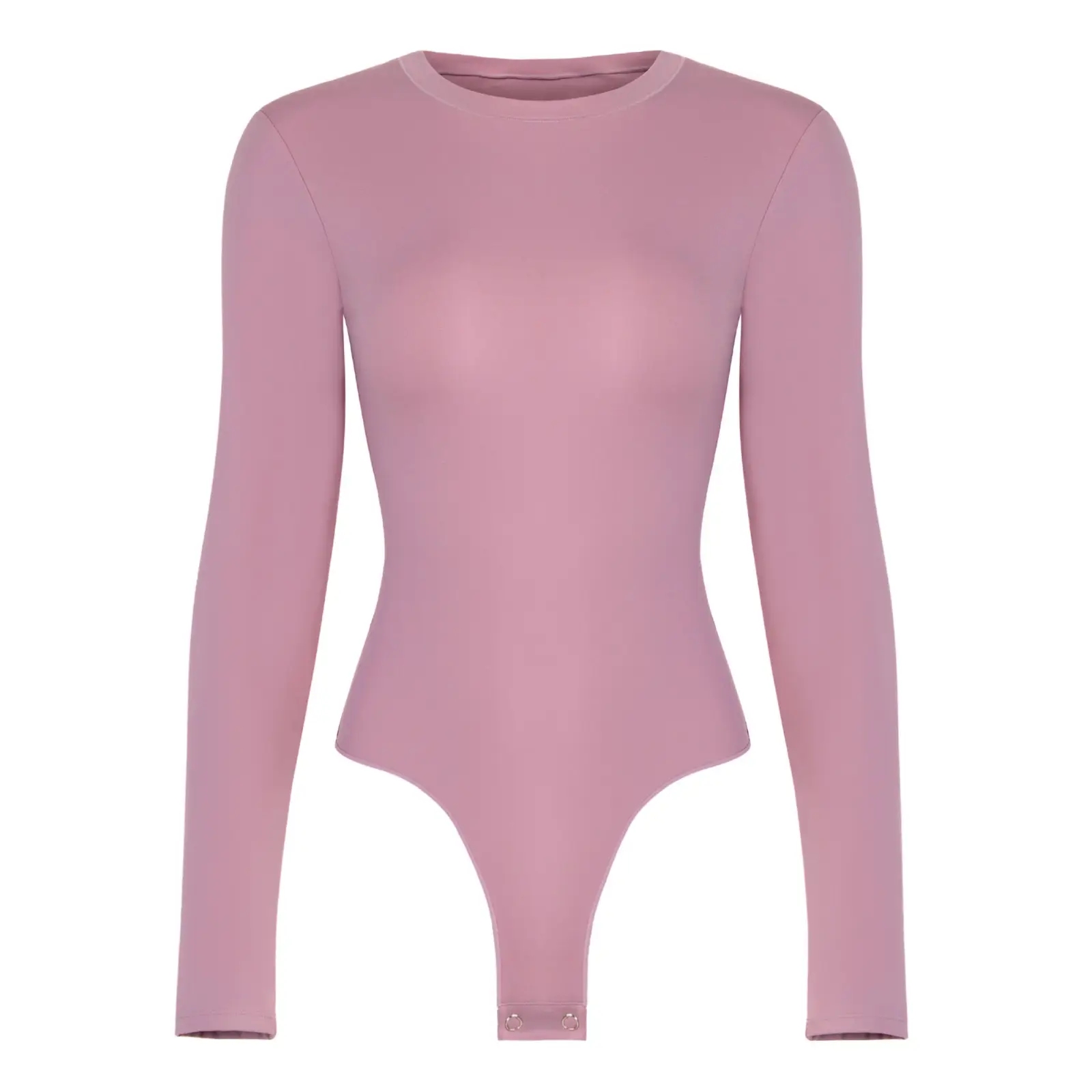 Illustration cutout of a light pink long sleeve crew cut bodysuit over a white background