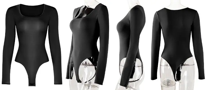 Four torso mannequins wearing a black long sleeve low cut bodysuit in different positions
