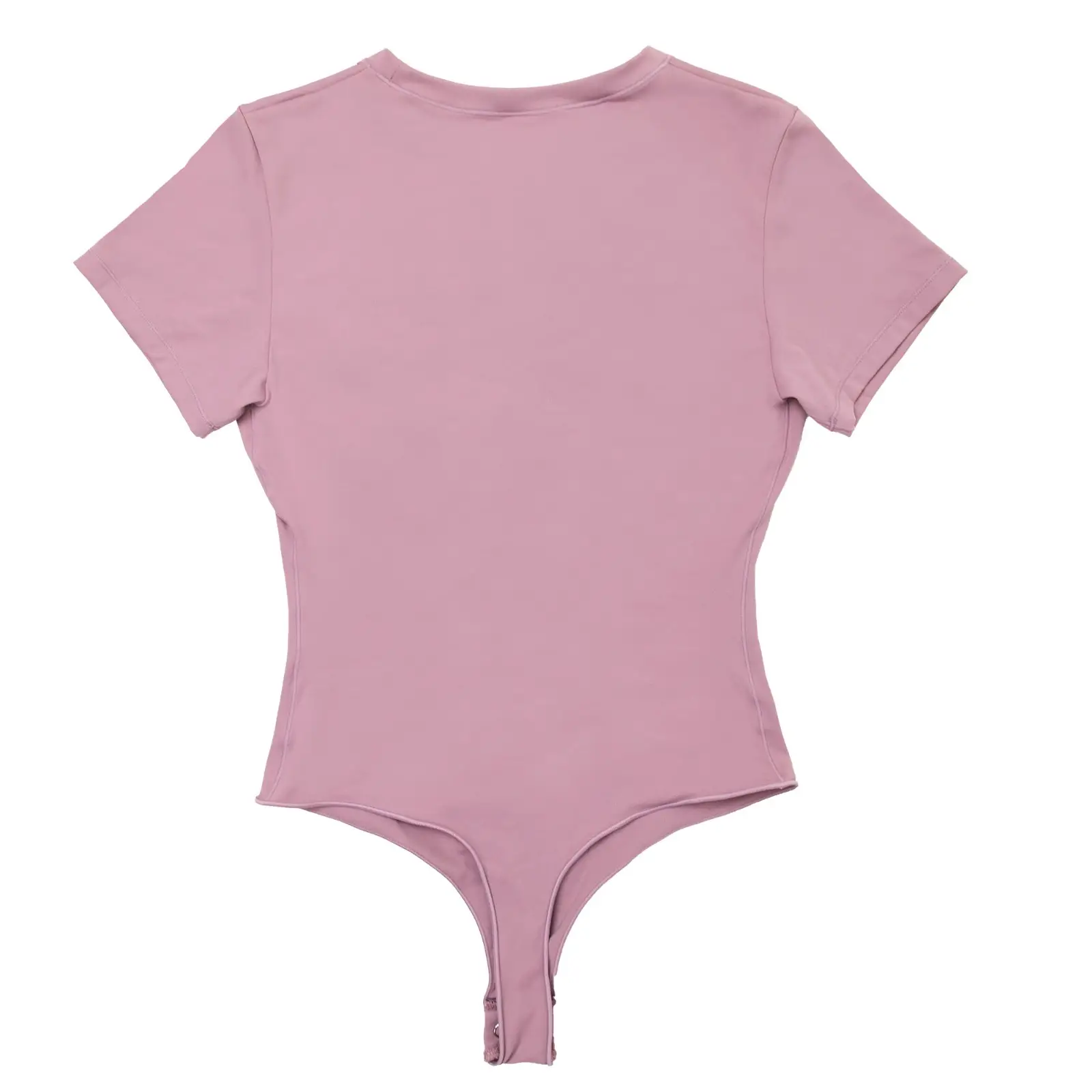 Light pink t-shirt bodysuit lying flat over the back side over a white background