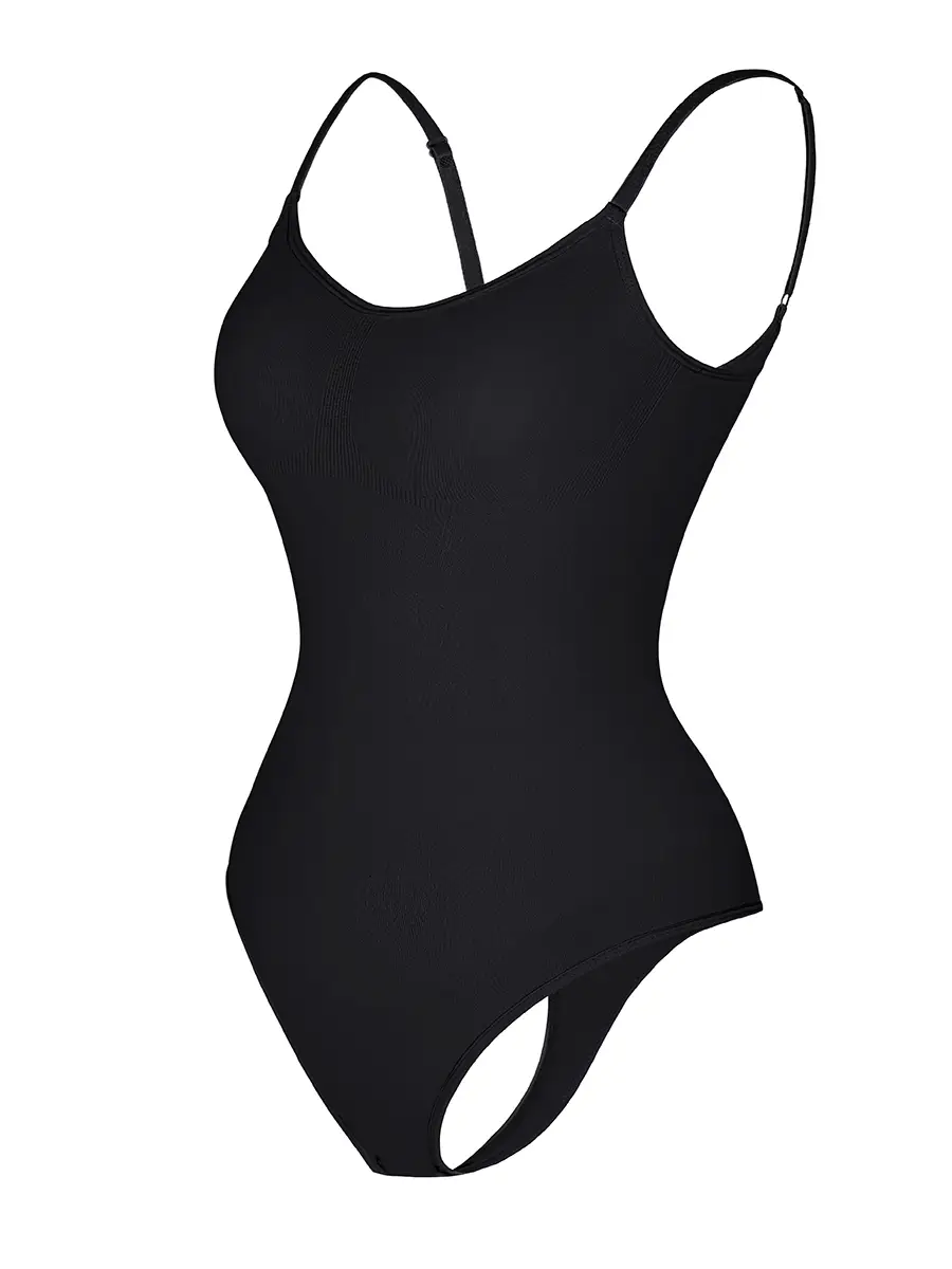 The image is a high-quality acute angle photograph of a black one-piece swimsuit on a mannequin with no background. The bl...