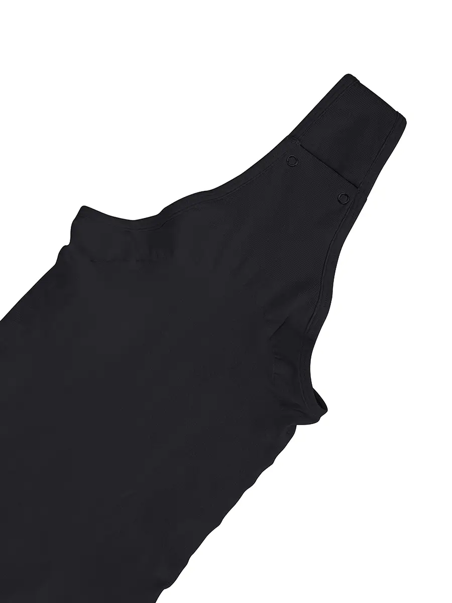 This black, one-shoulder shirt is pictured from north-east, with a angled view of the front shoulder area to accent the st...