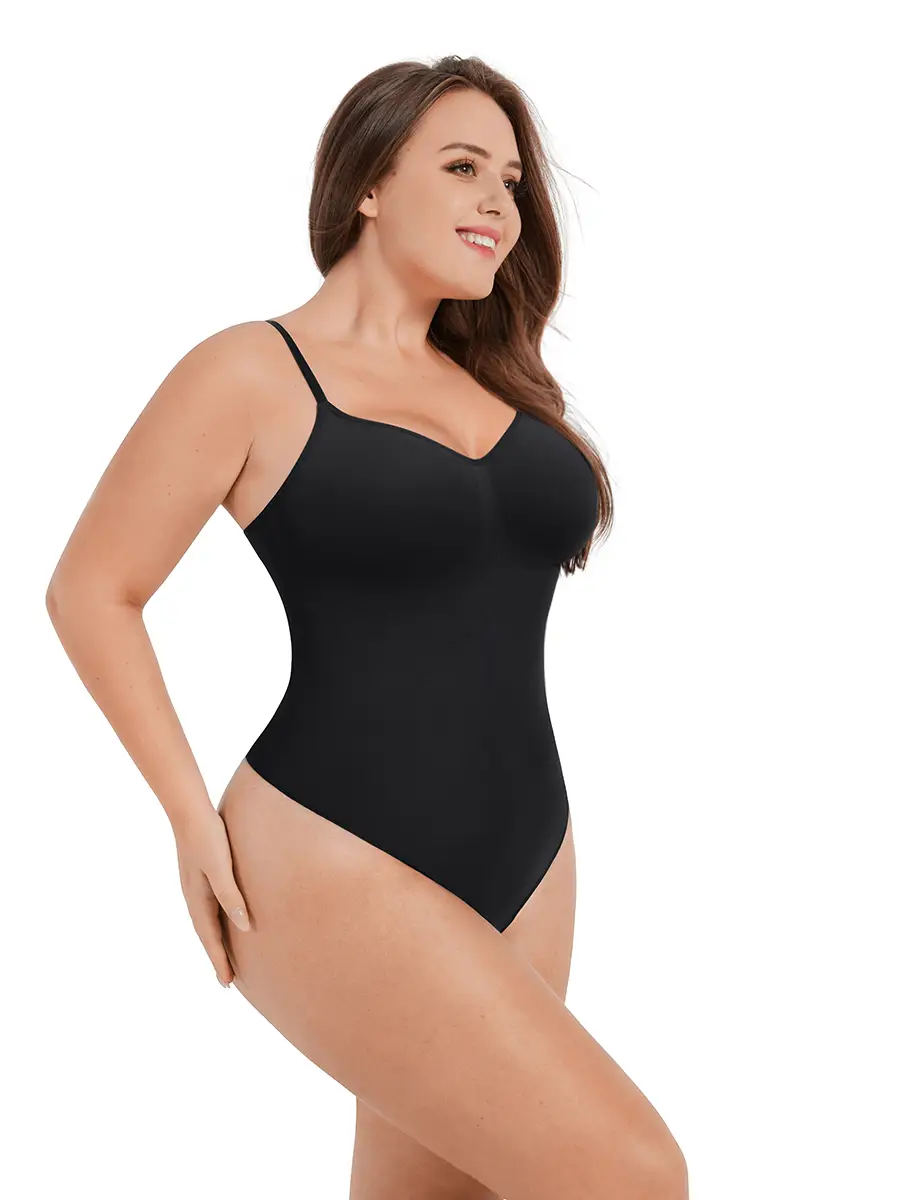 The image features a woman presenting her swimsuit or bodysuit product. The woman has long brown hair and is posed with he...